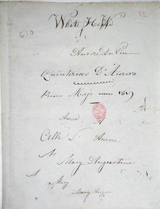 白いヒュー」オーロレ・デュパンのノート原稿のタイトルページ、サイン入り、1819年5月（紙にペン＆インク） 作： George Sand