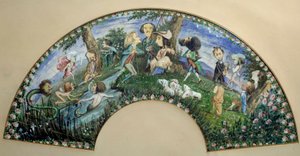 ジョルジュ・サンド（Aurore Dupin, Baronne Dudevant）（1804-1876）とオーギュスト・シャルパンティエ（1815-1880）がグワッシュで描いた風刺画の扇子：フレデリック・ショパン、ウジェーヌ・ドラクロワ、フランツ・リストに囲まれた文豪ジョルジュ・サンド。19世紀のパリ、ミュー