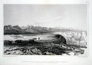 ジョン・フランクリン卿（1786-1847）の「Narrative of a Journey to the Shores of the Polar Sea in the Years 1819-22」から、コニベア山の反対側にある岩礁にボートを打ち上げる様子。