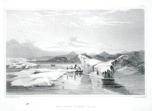 サー・ジョン・フランクリン（1786-1847）の「Narrative of a Journey to the Shores of the Polar Sea in the Years 1819-22」より、氷に押しつぶされたドルフィン（エドワード・フィンデン（1791-1857）が1823-28年に出版したカラーエングレーヴィング） 作： George (after) Back