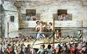 ロンドンの5人制コートで行われたスパーリングの試合（1812年に出版されたプリントより）（カラーリトグラフ 作： George (after) Cruikshank