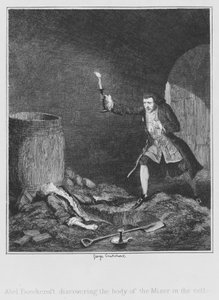 地下室でマイザーの遺体を発見するアベル・ビーチクロフト（彫刻作品 作： George (after) Cruikshank