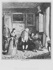ヒルダがエイベル・ビーチクロフトを訪問したときの様子（エングレービング 作： George (after) Cruikshank