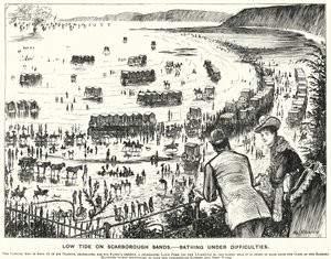 パンチの漫画。スカボローの砂浜の干潮時、水浴びの困難さ（版画 作： George (after) Du Maurier