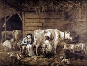 ジョージ・モーランド (1763-1804) のイギリス人アーティストにちなんだカウシェッド・メゾチント。 カウマンはバケツに搾乳します。 牛乳を注ぐ女は、バケツが運んだくびきを持って待っています。 ヘイ ロフト: ランタン: 雌鶏。 牛痘が免疫を与えたので、天然痘によってマークされていないため、ミルクメイドは「かわいい」. 作： George (after) Morland