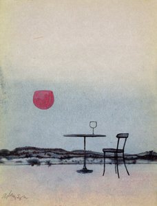 外のテーブルのグラスから移された赤ワインが夕日に変わります（カードにウォッシュとガッシュが付いたペン） 作： George Adamson