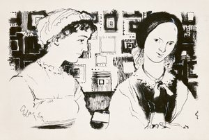 ジェーンオースティン（1775-1817）とシャーロットブロンテ（1816-55）-架空の出会い（船上のインディアンインク） 作： George Adamson
