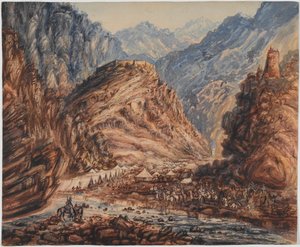 アリ マスジード砦、ポロック少将の第 4 旅団のカイバー パス キャンプ、1842 年 4 月 (水彩) 作： George Alfred Croly