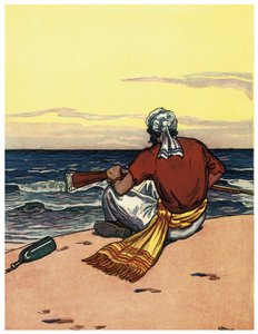 荒涼とした島に捨てられた海賊が水平線を見ている イラストはジョージ・アルバート・ウィリアムズ（1875-1932）の「The Boys Books of Pirates」より 1914年