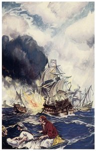 船に向かって投擲されたブルロット爆薬 ジョージ・アルバート・ウィリアムズ（1875-1932）の「Pirates of Panama or The Buccaneers of America」からのイラスト 1914年 作： George Alfred Williams