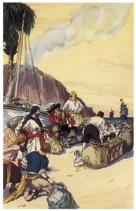 海賊ヘンリー・モーガンがマラカイボ号の財宝を分け与える ジョージ・アルバート・ウィリアムズ（1875-1932）の「The Pirates of Panama or the Buccaneers of America（パナマの海賊、アメリカのバッカニア）」からのイラスト 1914年 作： George Alfred Williams