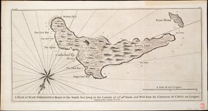 南緯33度40分に位置する南海のイアン・フェルナンデス島の平面図。南緯33度40分、チリ大陸から西へ110哩の位置にある南海のイアン・フェルナンデス島の平面図（1750年頃）。 作： George Anson