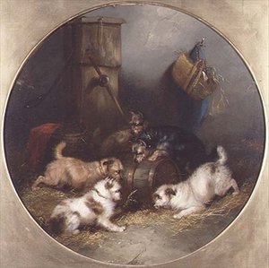 納屋でネズミ捕りをするテリア 作： George Armfield