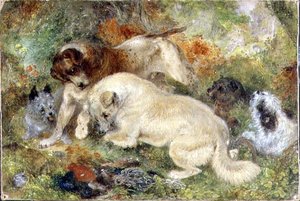 森の中のテリアとうさぎ 作： George Armfield