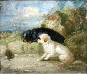ウサギの穴から出てきたテリア 作： George Armfield