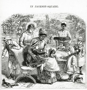 ニューオーリンズのジャクソン広場にて、「アメリカ再訪...」のイラスト。(エングレーヴィング) 作： George Augustus Sala