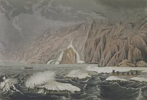 エドワード・フィンデン（1791-1857）puによって刻まれたサーファー・ジョン・フランクリン（1786-1847）による1819-22年の旅の物語から1819-22年の極地海の海岸への旅からなる、バロー岬の倍増遠征（1821年7月25日） 作： George Back
