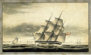 兵員輸送船HMS「アクバル」（1806年）、8月10日 作： George Back