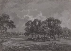 鹿、牛、人物のグループがいる公園のシーン 作： George Barret