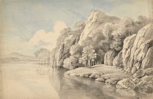 高い岩のある川岸 作： George Barret