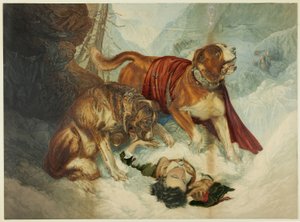 セント・バーナードの犬たち 作： George Baxter
