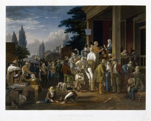 郡選挙、1854年（元の手彩色によるメゾチントと線の彫刻） 作： George Caleb Bingham