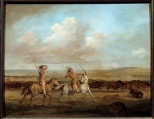 バイソンを狩る馬に乗ったアメリカン・インディアン ジョージ・キャトリン（1794-1872）の絵 作： George Catlin