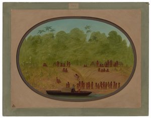 アン オマグア ビレッジ - ボート スケッチ 作： George Catlin