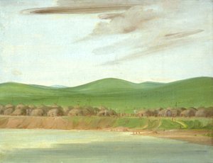 セントルイス上空1600マイルにあるアリカラ族の土の宿の村 作： George Catlin