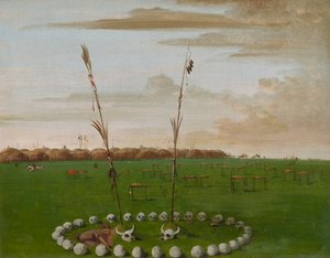 墓地を示すマンダン村の背面図、1832年。 作： George Catlin