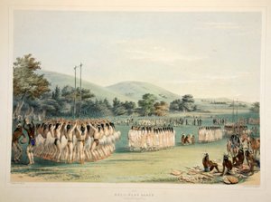野球選手のダンス、パブ。 1845年カラーリトグラフ。 作： George Catlin