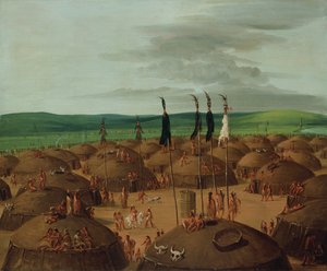 マンダン村の鳥瞰図、セントルイスから 1800 マイル上、1837 年から 1839 年。 作： George Catlin