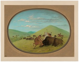 バッファローチェイス - 子牛を守る雄牛 作： George Catlin
