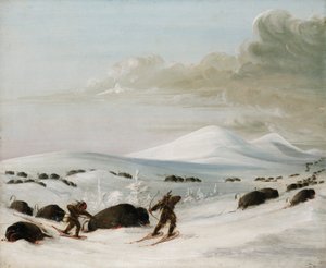 スノーシューを履いて追いかけるインディアンと雪崩の中のバッファローチェイス 作： George Catlin
