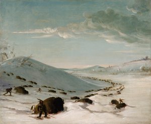 冬のバッファロー チェイス、スノーシューを履いたインディアン、1832～1833 年。 作： George Catlin