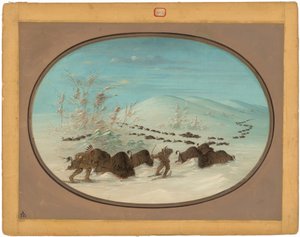 雪の吹きだまりでのバッファロー チェイス - Ojibbeway 作： George Catlin