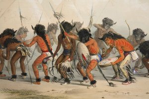 バッファローダンスの詳細、パブ。 1845年カラーリトグラフ。 作： George Catlin