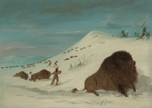 雪の吹きだまりのバッファローランシング - スー、18611869。 作： George Catlin