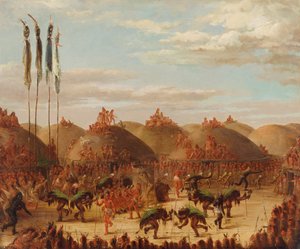 雄牛の踊り、マンダン オキーパ セレモニー、1832 年。 作： George Catlin