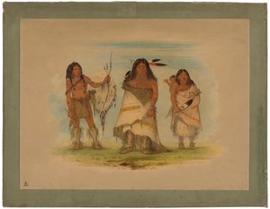 カマンチーのチーフ、妻と戦士、1861年（板紙にカードに油彩を塗ったもの） 作： George Catlin