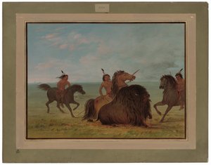 バッファローの雄牛を槍で突き刺すカマンチー 作： George Catlin
