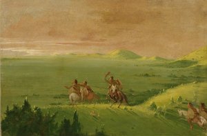 日の出とともに敵を発見し、部下を鼓舞するコマンチ族の酋長。 作： ジョージ・カトリン