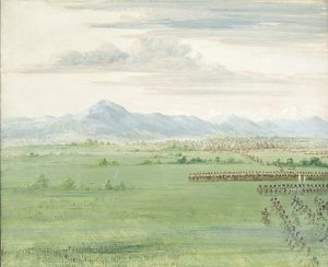 白旗を掲げてドラゴーンを迎えるコマンチ族の戦士たち 作： George Catlin