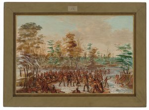 イロコイ村で平和を訴えるデ・トンティ。 1680年1月2日 作： George Catlin
