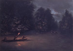 バーク カヌーでのたいまつによる鹿狩り、1846～1848 年。 作： George Catlin