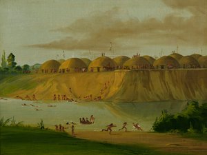 1832 年、セントルイスから 1810 マイル上、ナイフ川沿いの土に覆われたロッジ、ヒダーツァ ビレッジ。 作： George Catlin