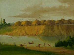 セントルイスから1810マイル上流、ナイフ川沿いのヒダツァ村、土で覆われたロッジ 作： ジョージ・カトリン