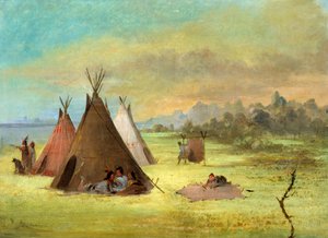 インディアン野営地、コマンチまたはキオワ ドレッシング スキン、レッド リバー、1846 ～ 1848 年。 作： George Catlin