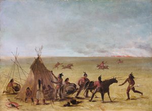 1846-1848年の大草原の火事の接近に驚いたインディアンの家族。 作： George Catlin