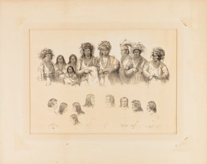 インディアン：9人の男女の胴体、9人の頭部、横顔--No.28 作： George Catlin